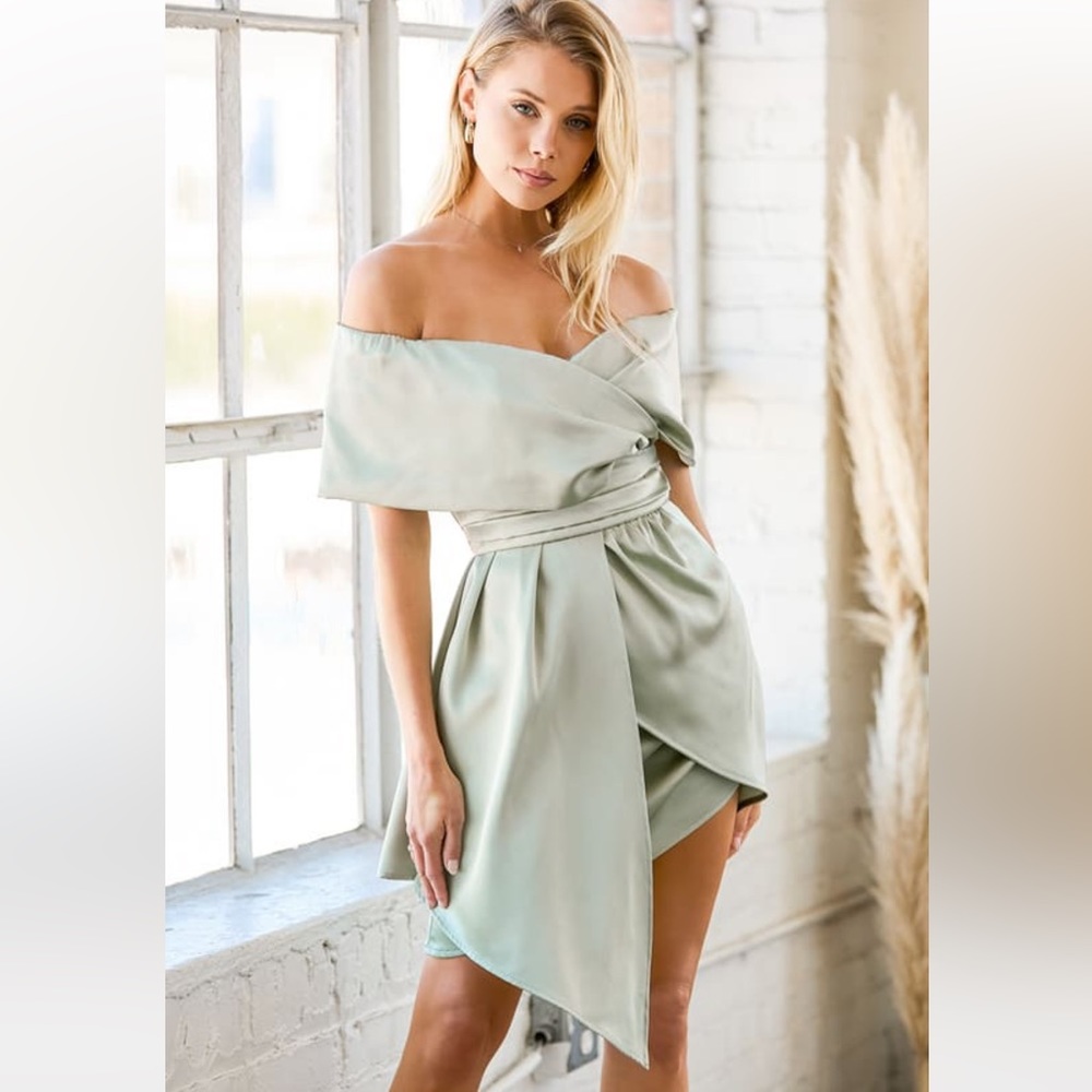 Always Celebrating Sage Green Satin Off-the-Shoulder Mini Dress